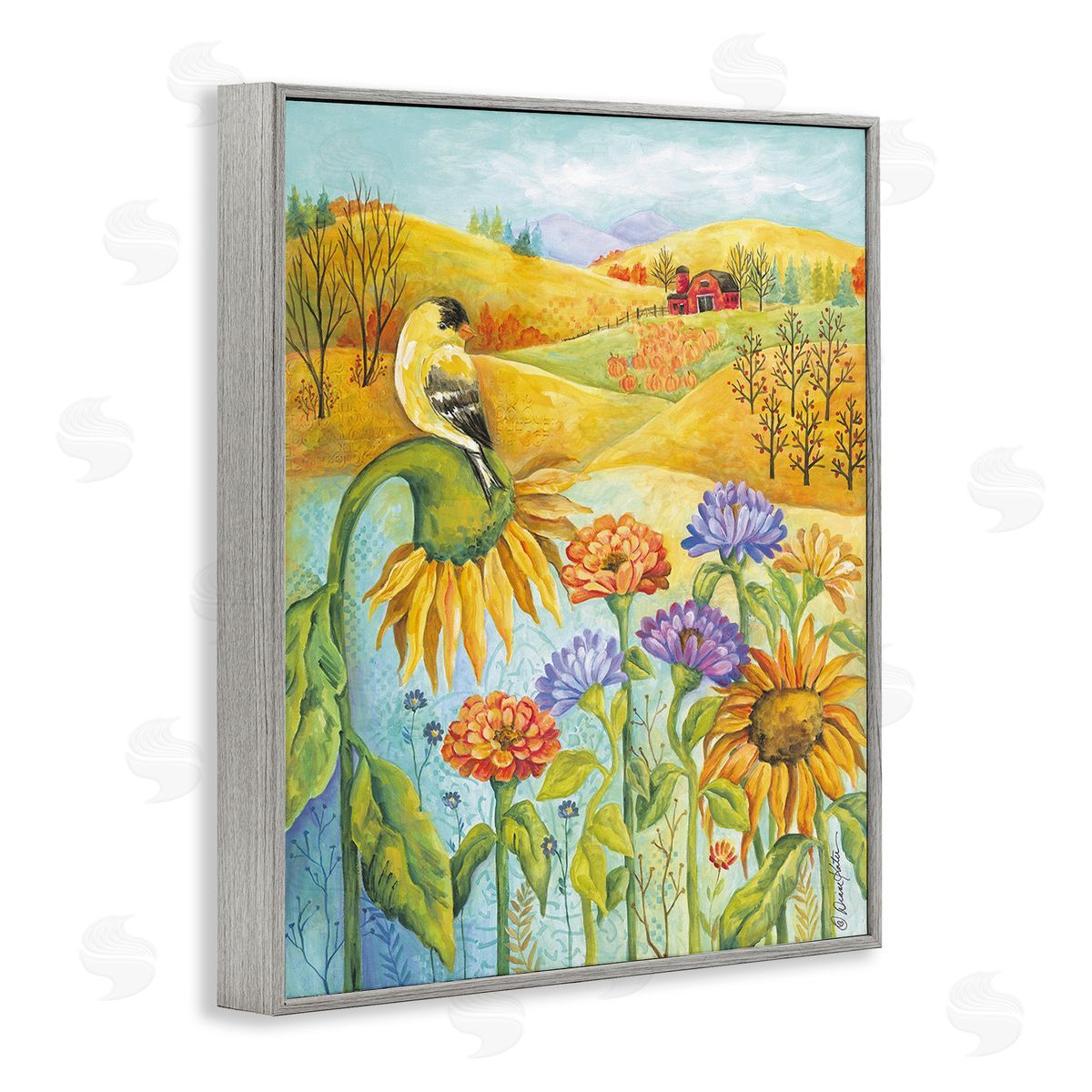 Diane Kater Bird Perched at Farm Gray Framed Giclee Wall Art Print