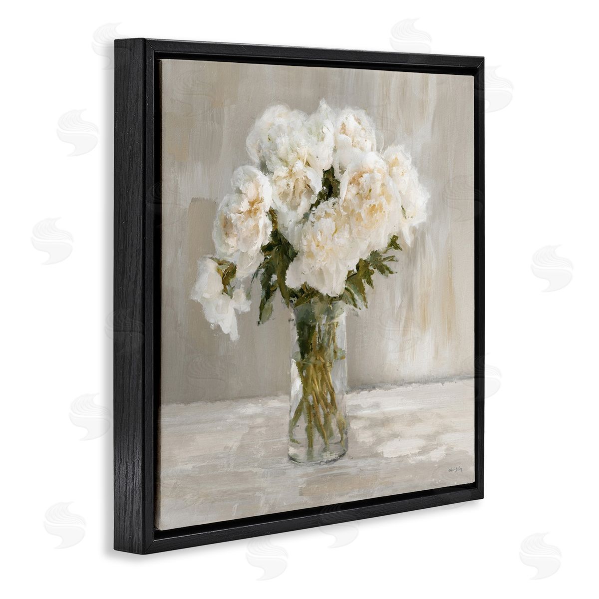 Amber Sterling Fluffy White Flowers Black Floating Frame Canvas Wall Art Print