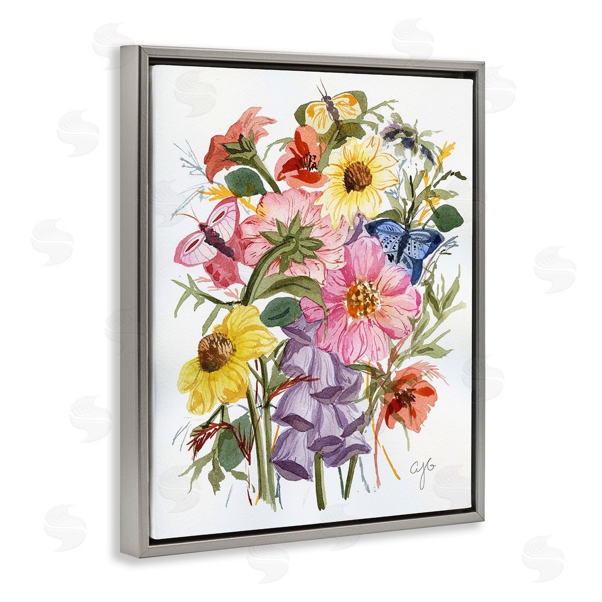 Alexandria Gilbert Kincaid Varied Cottage Floral Bundle Gray Floating Frame Canvas Wall Art Print