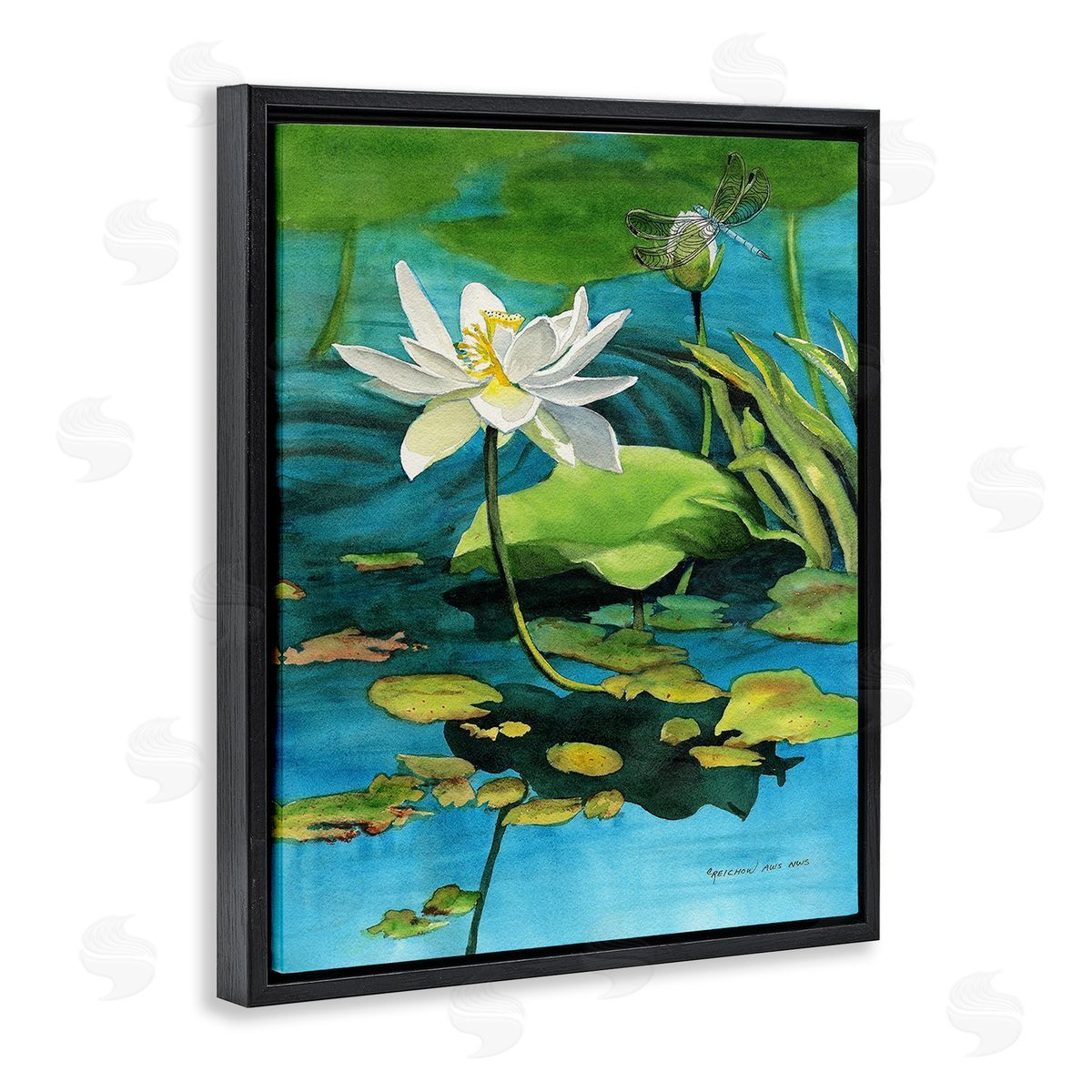 Christine Reichow Pond Lotus & Dragonfly Black Floating Frame Canvas Wall Art Print