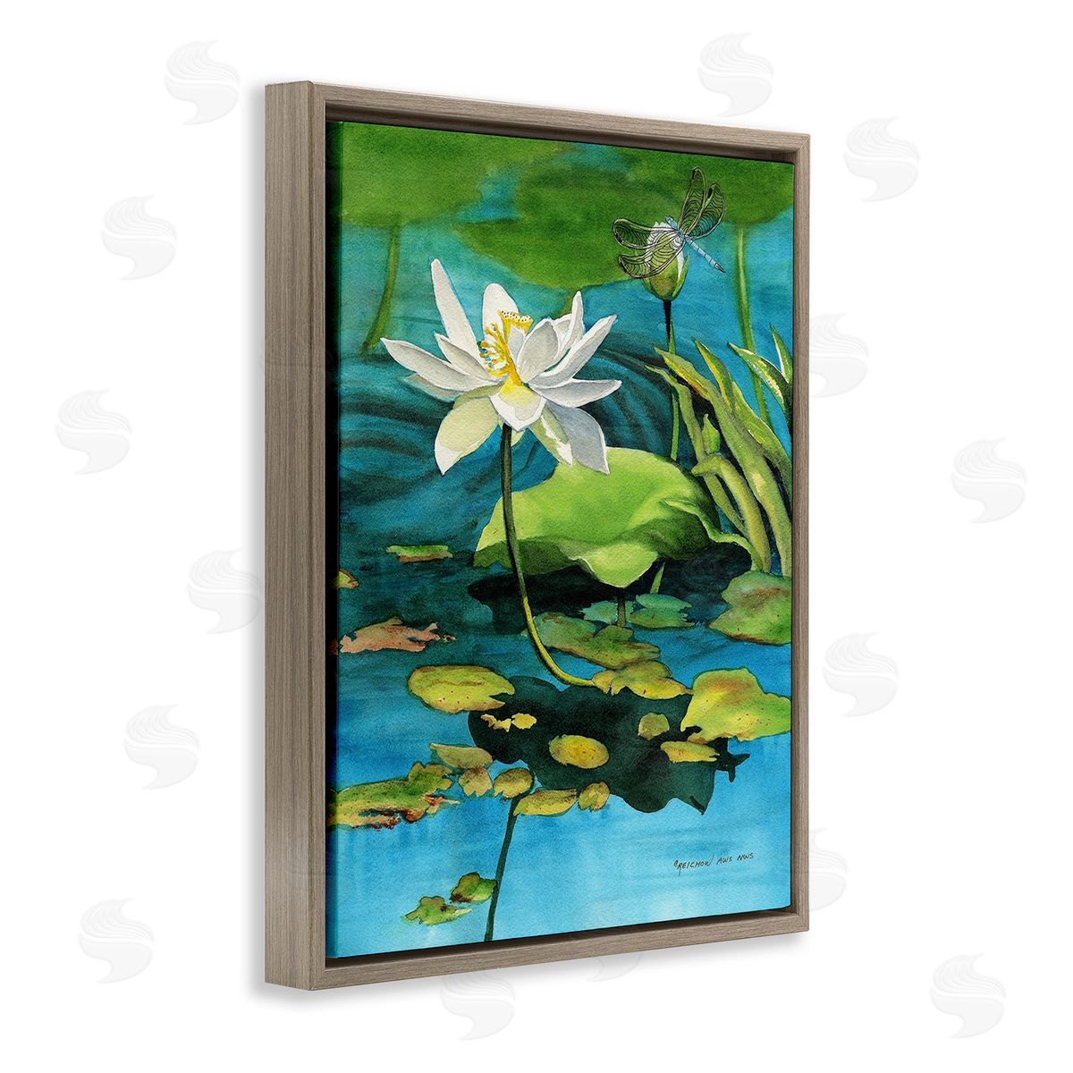 Christine Reichow Pond Lotus & Dragonfly Brown Floating Frame Canvas Wall Art Print