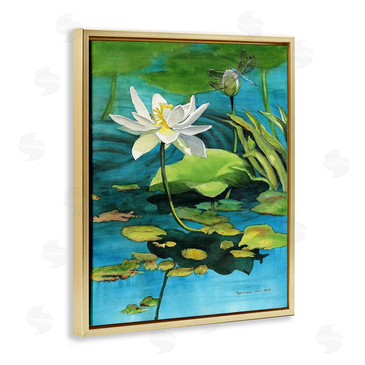 Christine Reichow Pond Lotus & Dragonfly Gold Floating Frame Canvas Wall Art Print