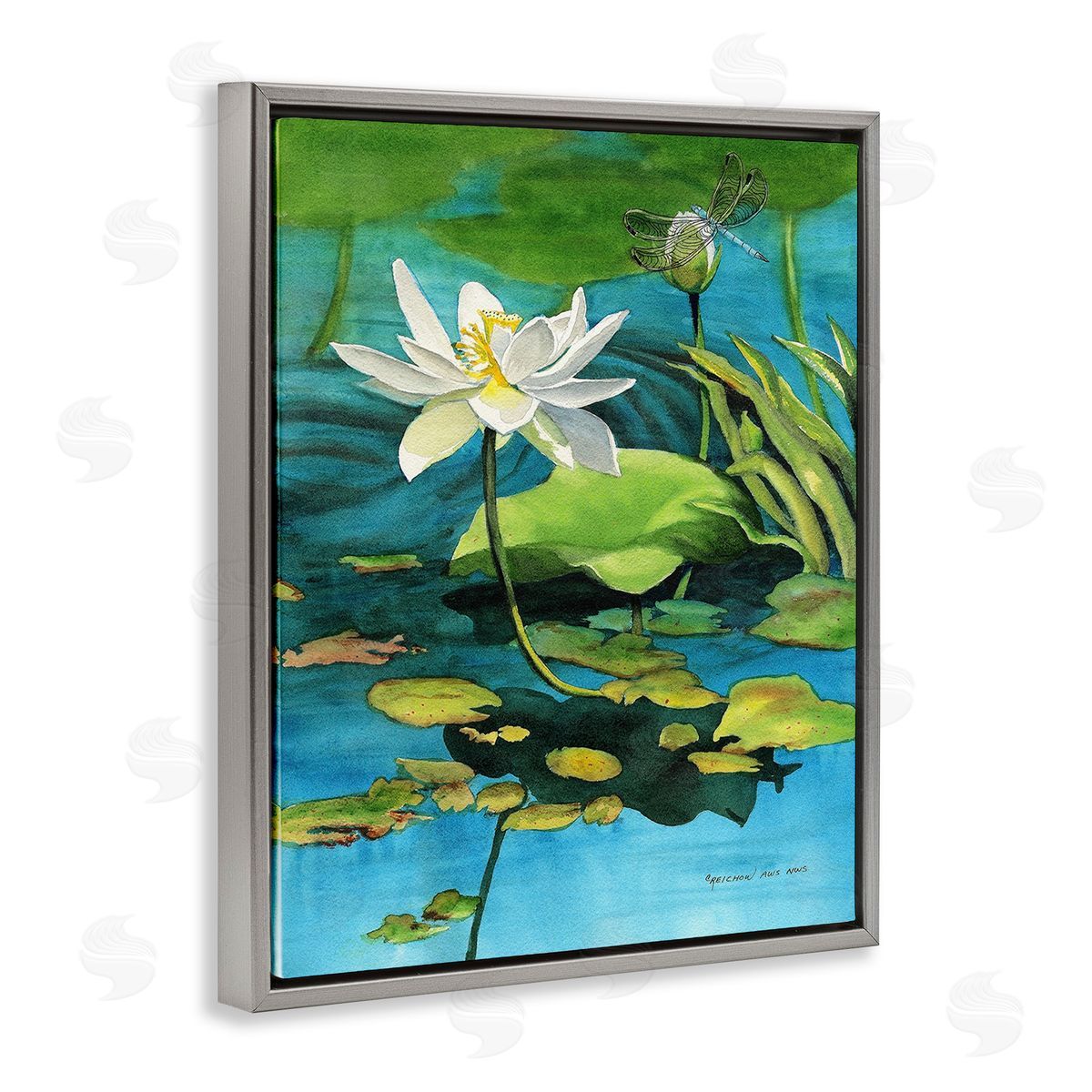 Christine Reichow Pond Lotus & Dragonfly Gray Floating Frame Canvas Wall Art Print