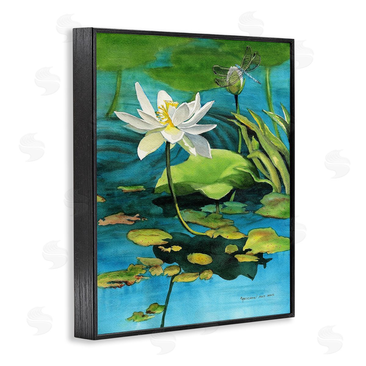 Christine Reichow Pond Lotus & Dragonfly Black Framed Giclee Wall Art Print