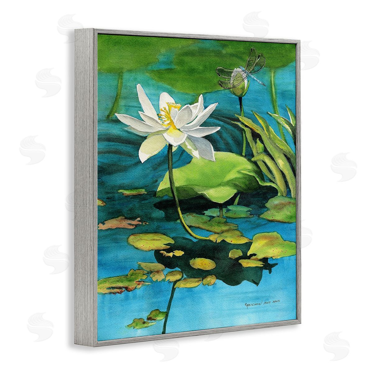 Christine Reichow Pond Lotus & Dragonfly Gray Framed Giclee Wall Art Print