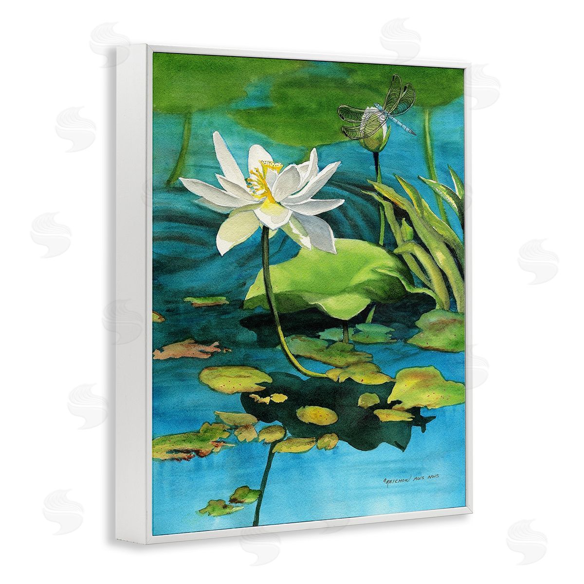 Christine Reichow Pond Lotus & Dragonfly White Framed Giclee Wall Art Print