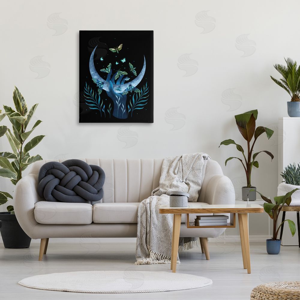 Episodic Drawings Holding Moon with Moths Canvas Wall Art Print in Room
