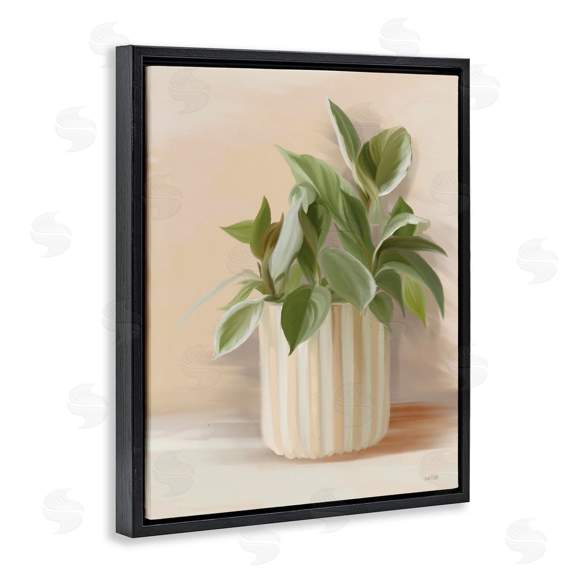 House Fenway Plant in Striped Pottery Black Floating Frame Canvas Wall Art Print