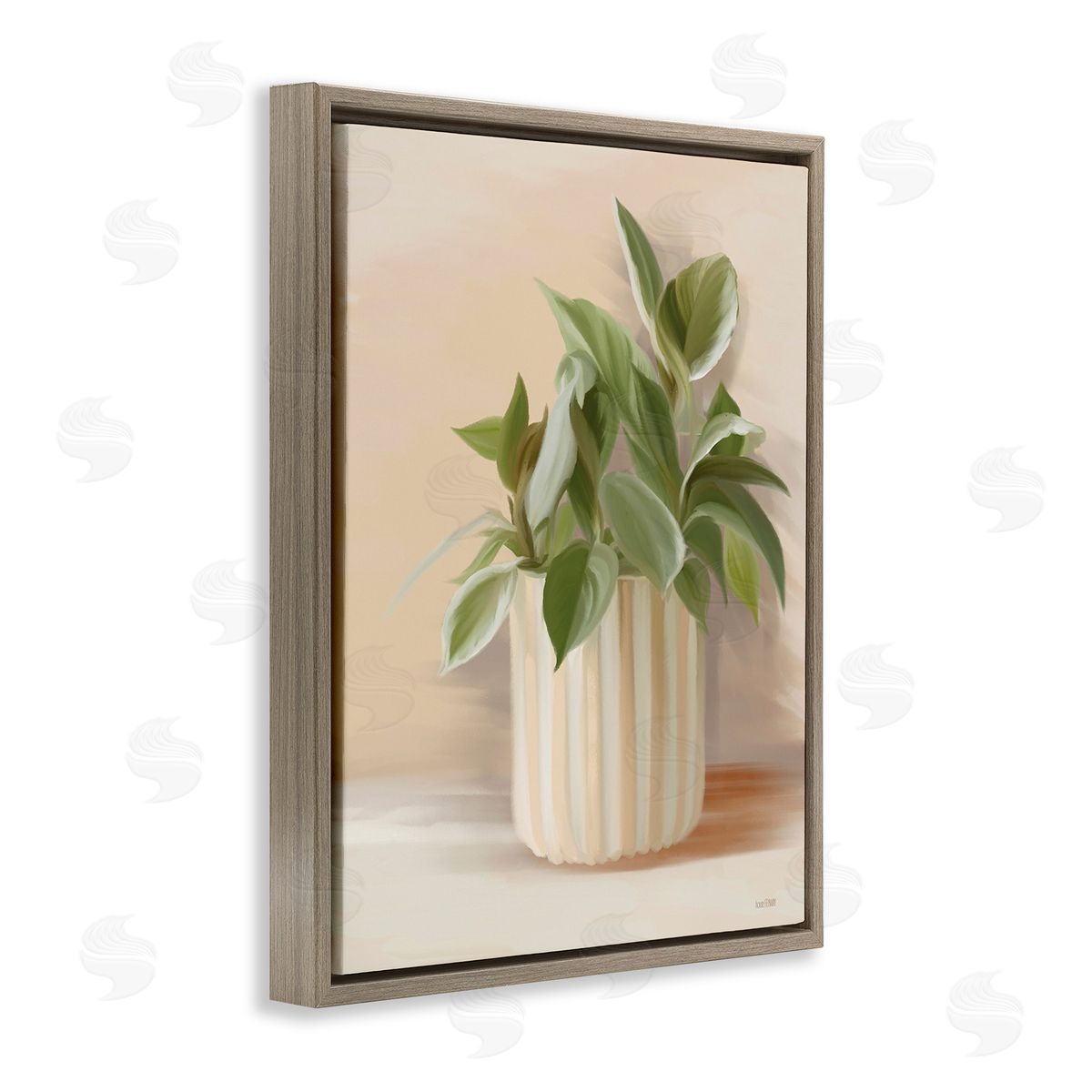 House Fenway Plant in Striped Pottery Brown Floating Frame Canvas Wall Art Print