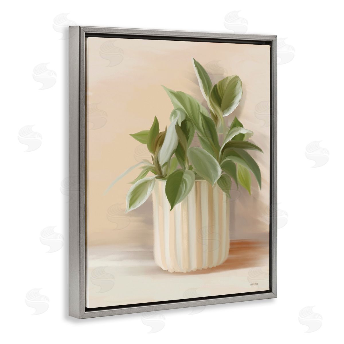 House Fenway Plant in Striped Pottery Gray Floating Frame Canvas Wall Art Print