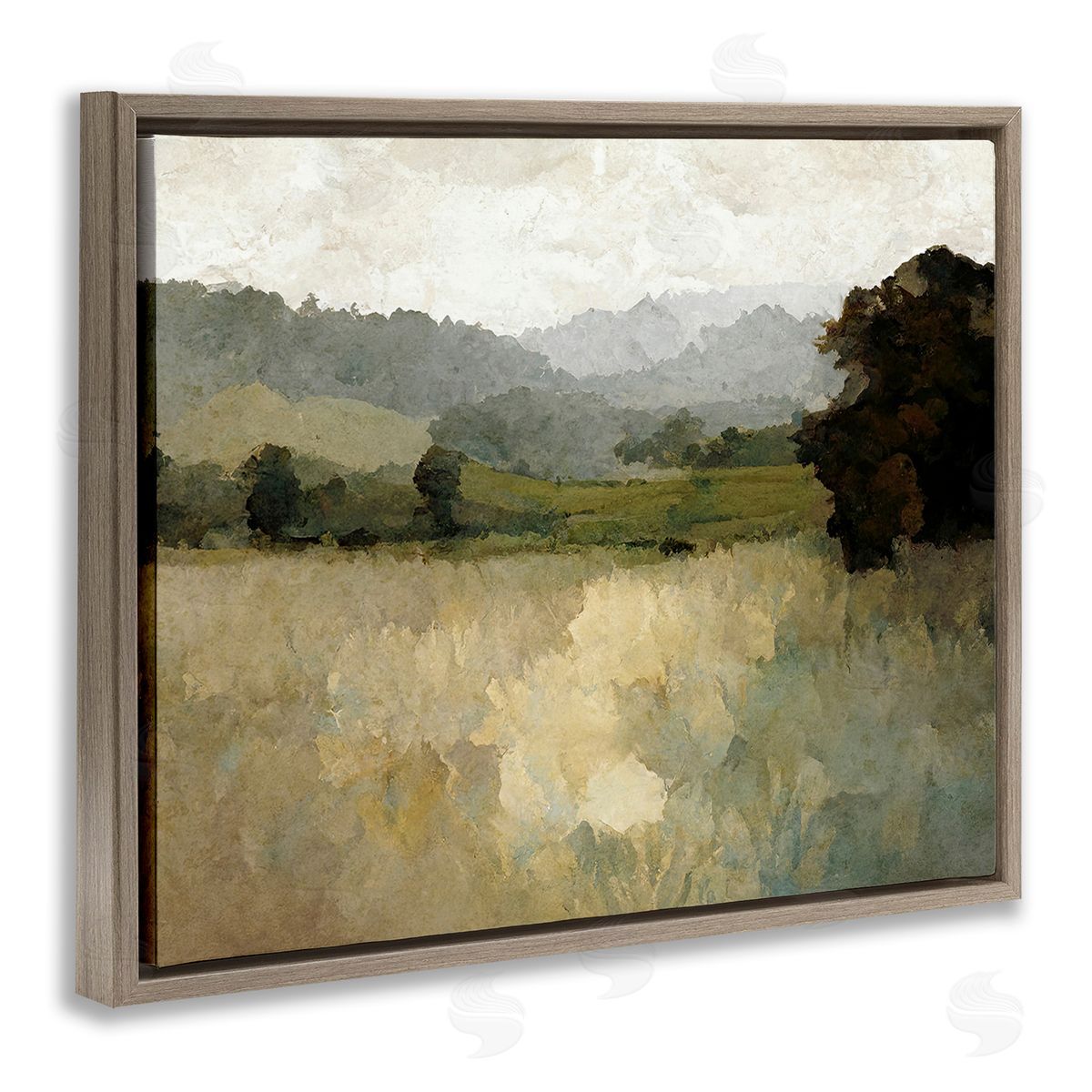 Gina Kelly Green Impressionist Scenery Brown Floating Frame Canvas Wall Art Print