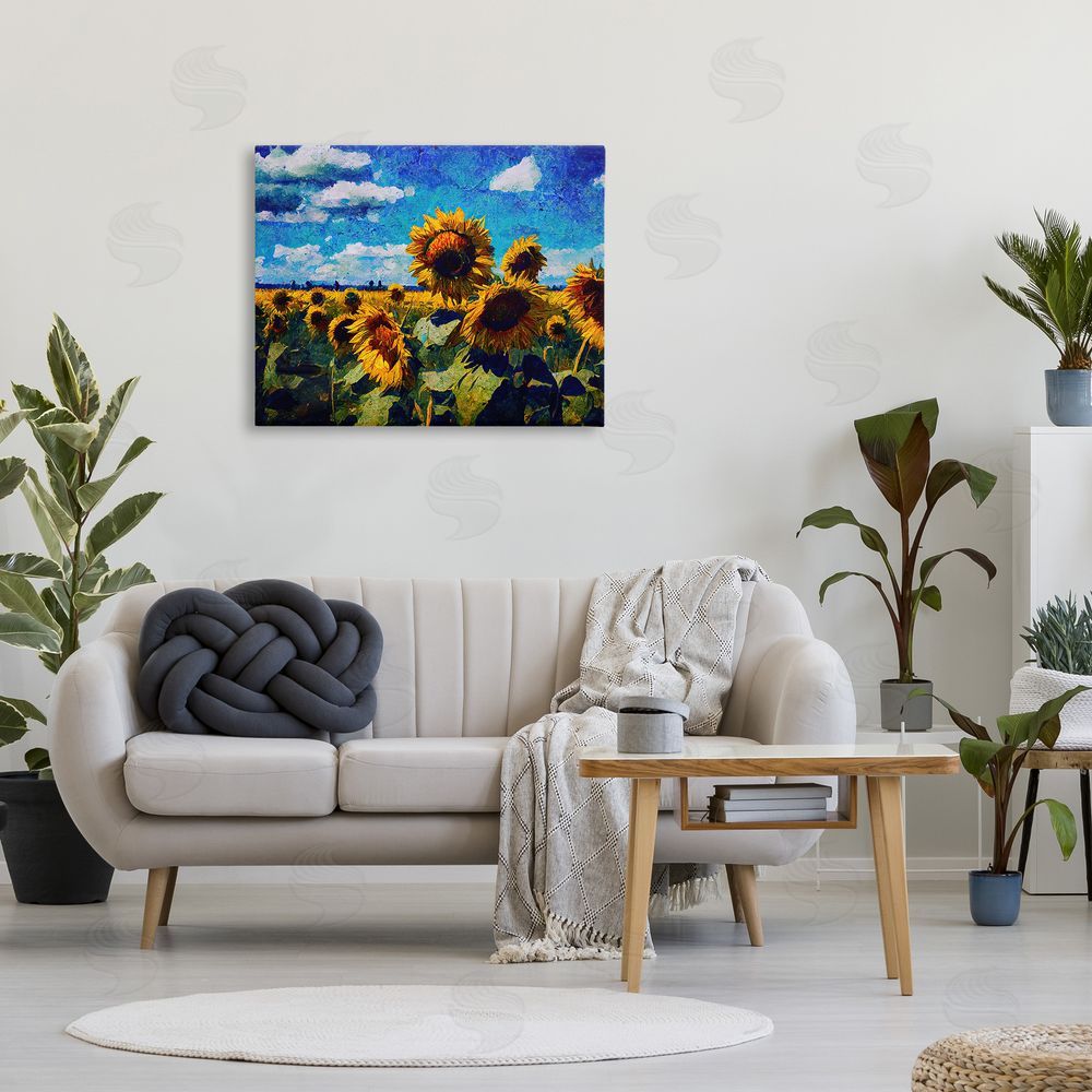 Gina Kelly Sunflower Field & Clouds Canvas Wall Art Print in Room