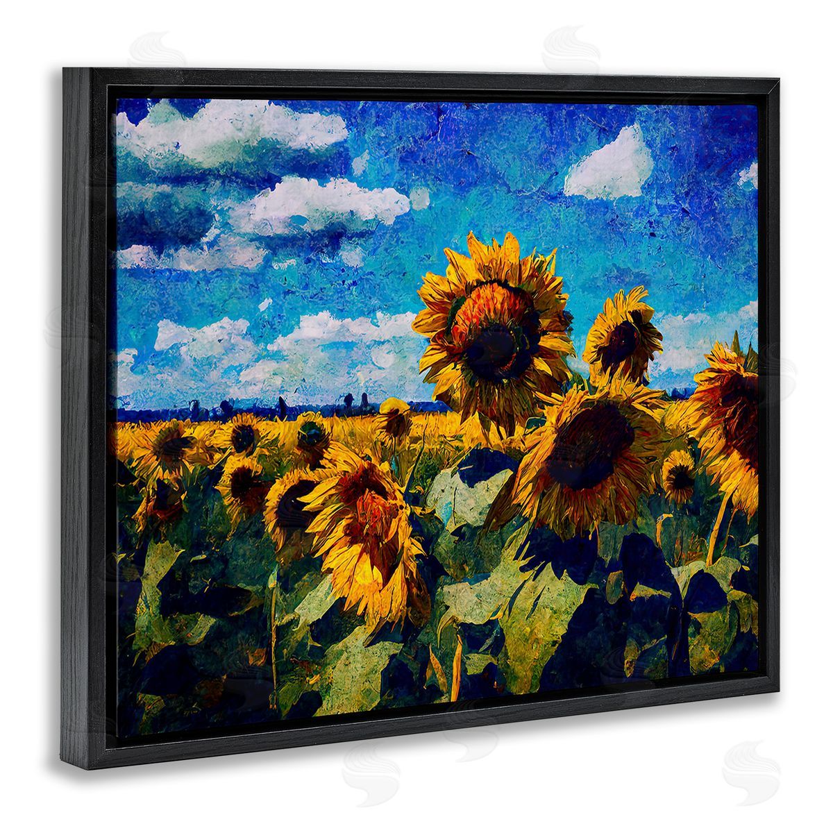 Gina Kelly Sunflower Field & Clouds Black Floating Frame Canvas Wall Art Print