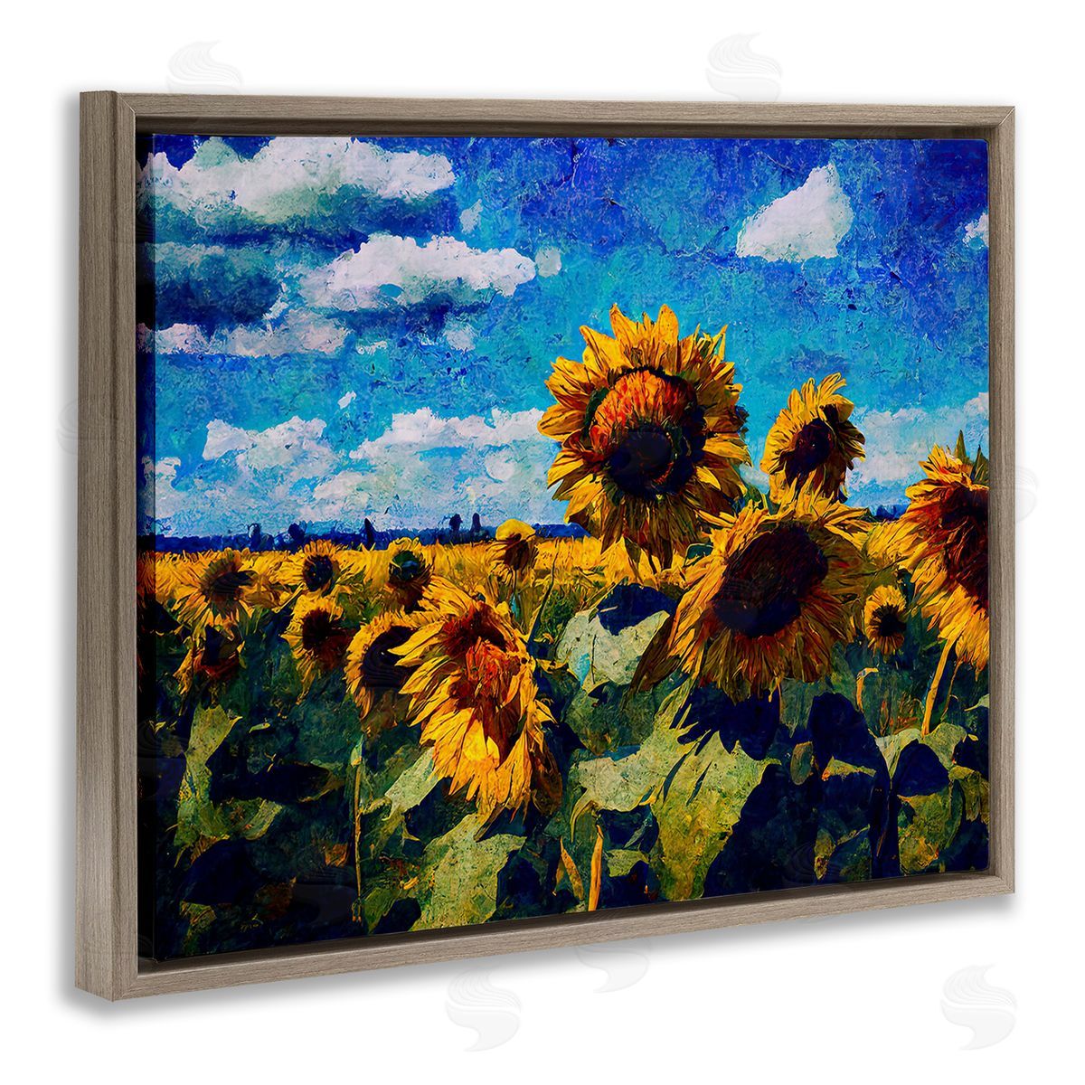 Gina Kelly Sunflower Field & Clouds Brown Floating Frame Canvas Wall Art Print