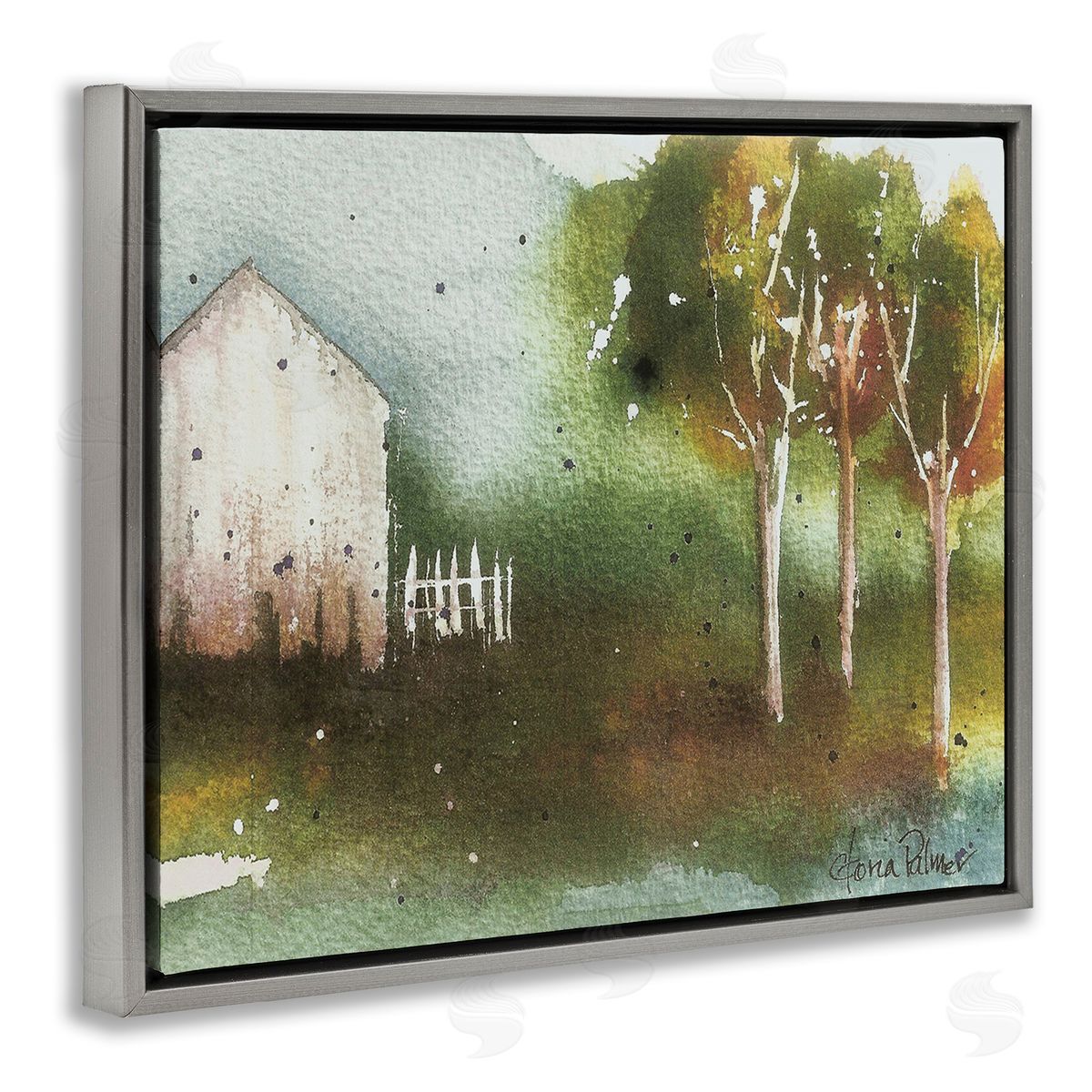 Gloria Palmer Farm Nature Watercolor Gray Floating Frame Canvas Wall Art Print