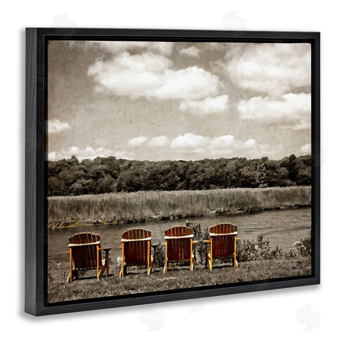 Graffitee Studios Adirondacks Lake View Black Floating Frame Canvas Wall Art Print