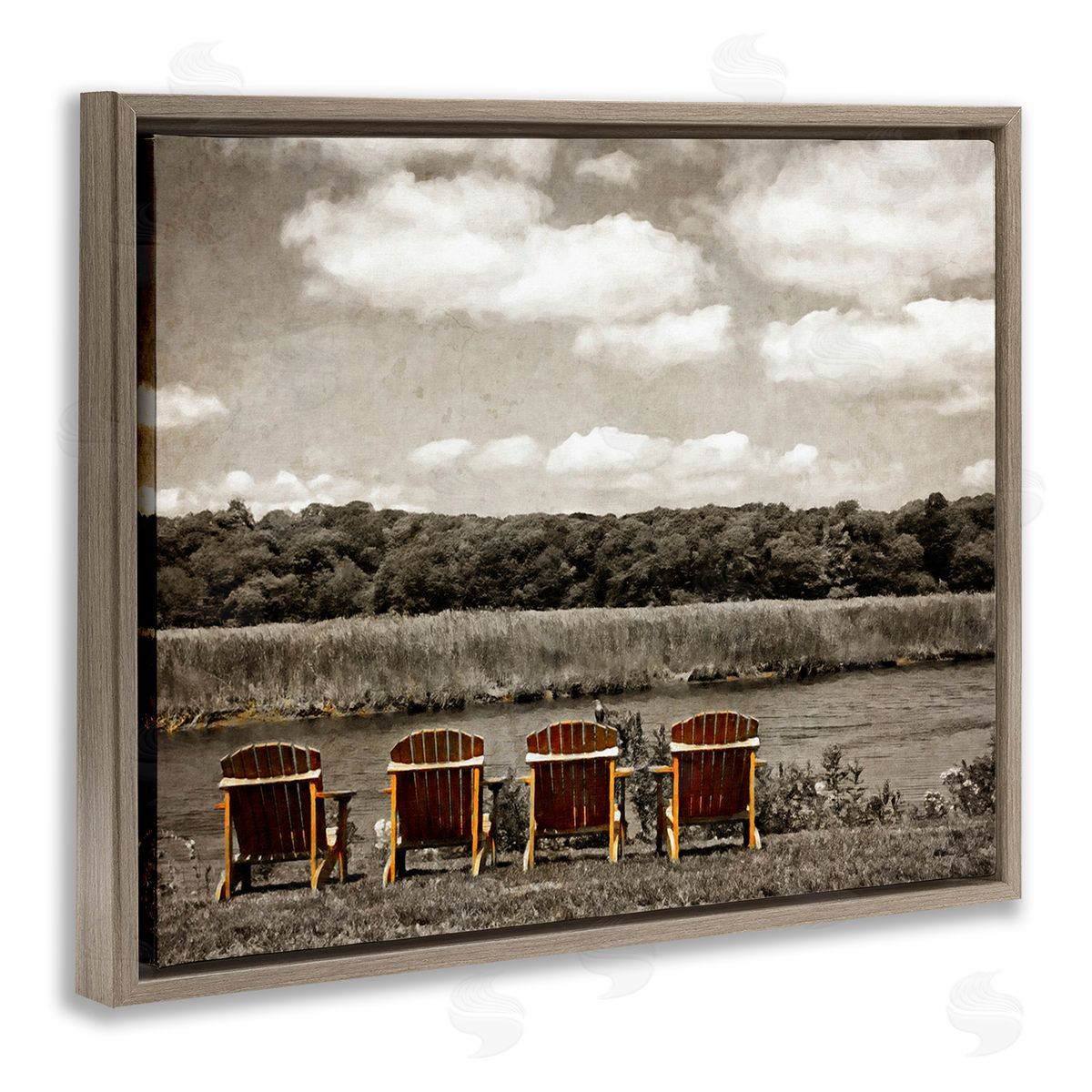 Graffitee Studios Adirondacks Lake View Brown Floating Frame Canvas Wall Art Print