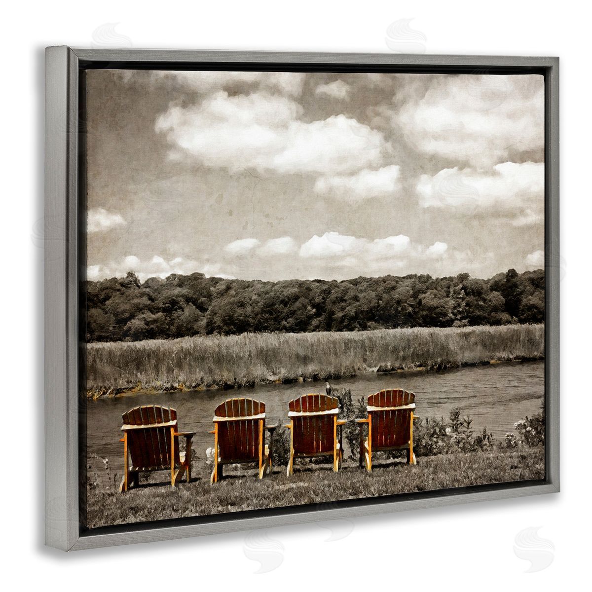 Graffitee Studios Adirondacks Lake View Gray Floating Frame Canvas Wall Art Print