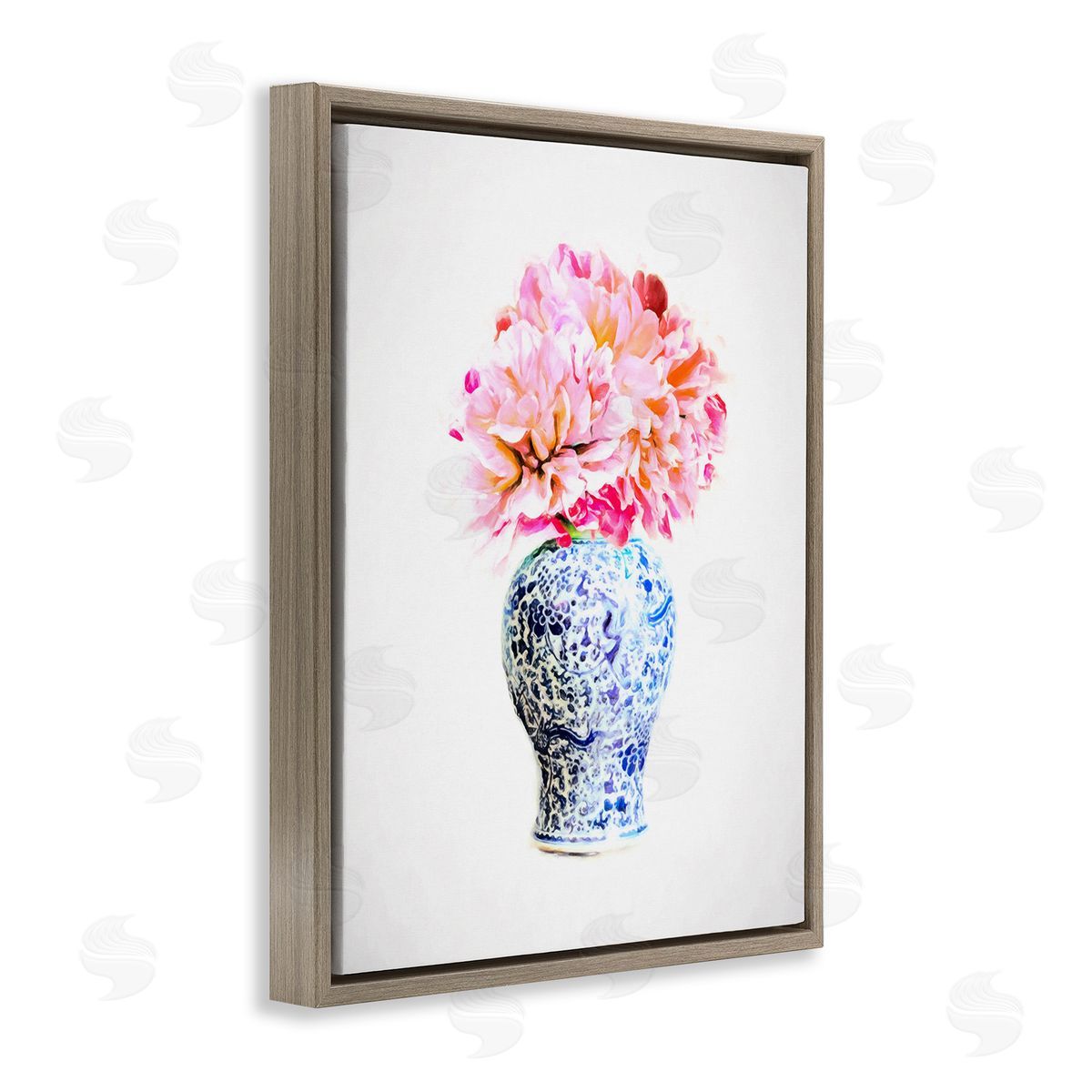 Graffitee Studios Dahlia with Oriental Vase Brown Floating Frame Canvas Wall Art Print