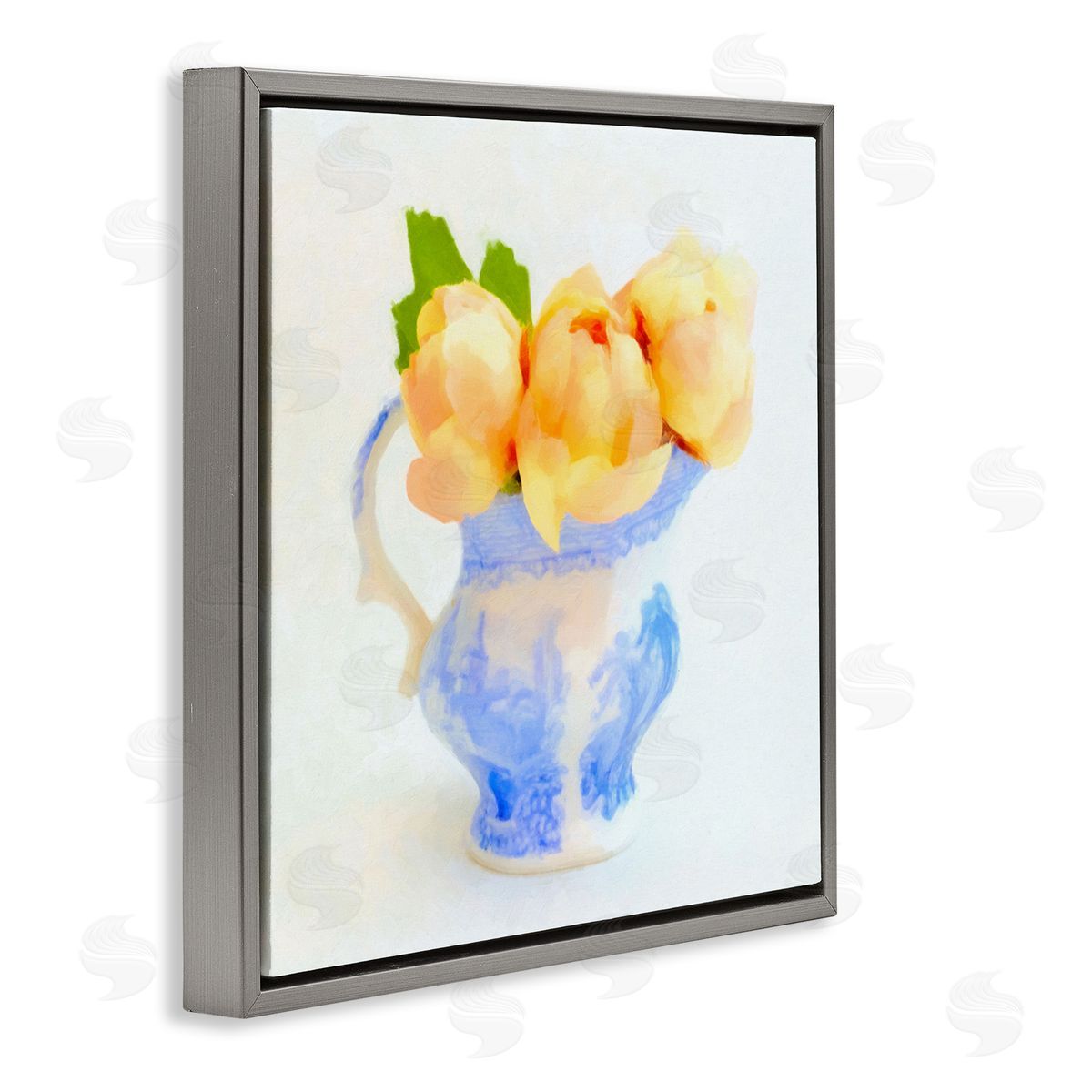 Graffitee Studios Yellow Blooms in Pitcher Gray Floating Frame Canvas Wall Art Print
