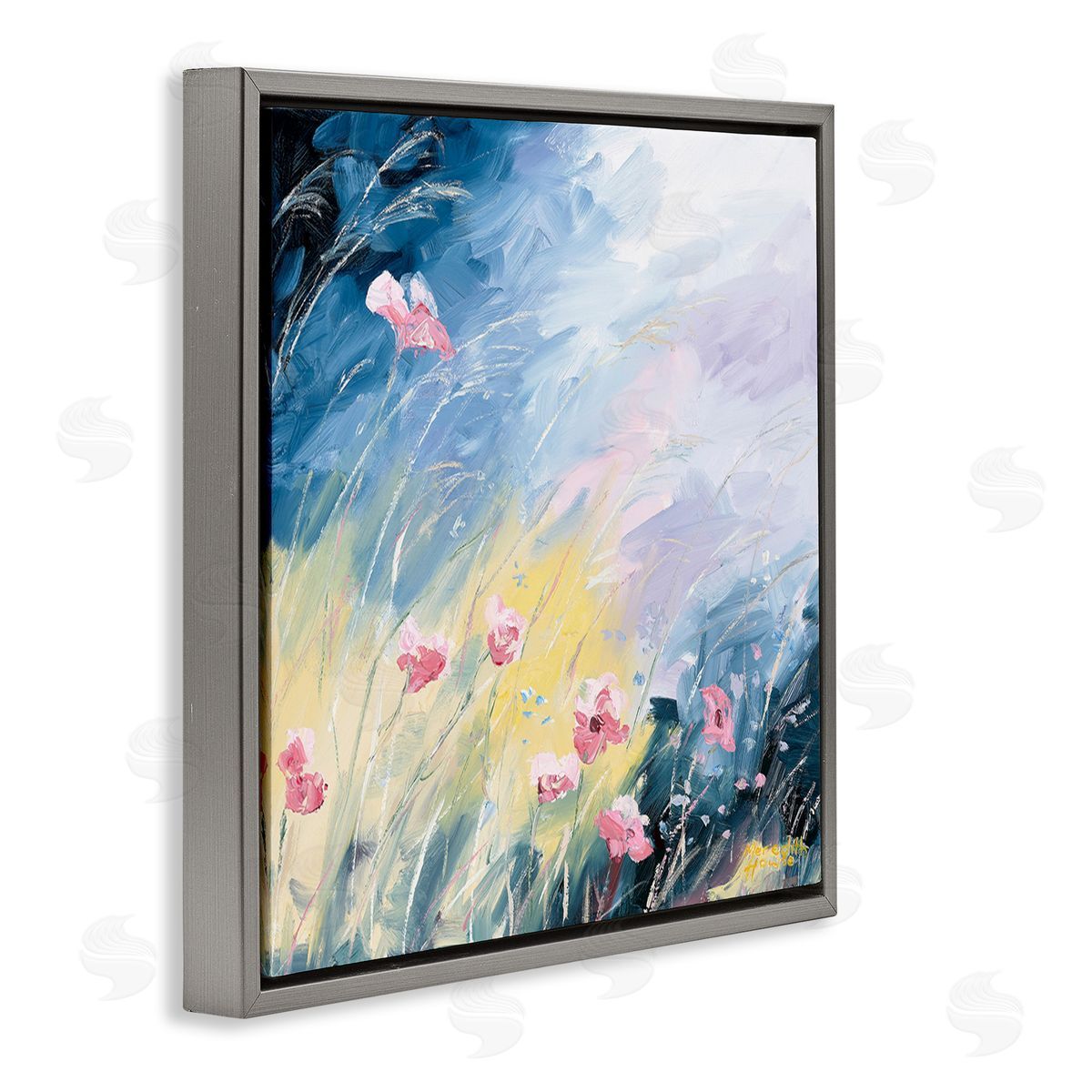 Meredith Howse Flowers with Abstract Ombre Gray Floating Frame Canvas Wall Art Print