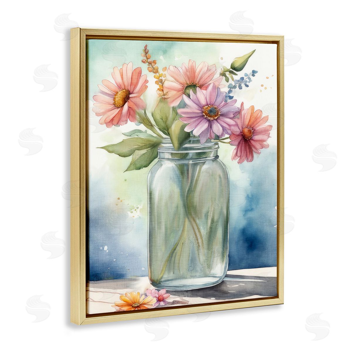 Kim Allen Gerbera Daisies in Jar Gold Floating Frame Canvas Wall Art Print