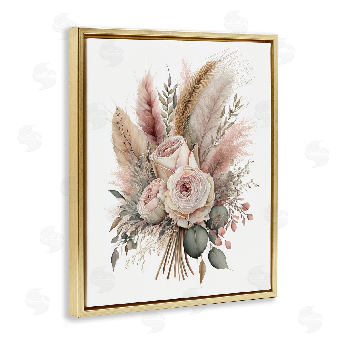 LSR Design Studio Roses & Country Reeds Gold Floating Frame Canvas Wall Art Print