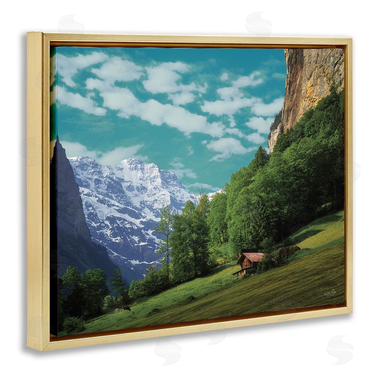 Martin Podt Mountain Valley Cottage Gold Floating Frame Canvas Wall Art Print