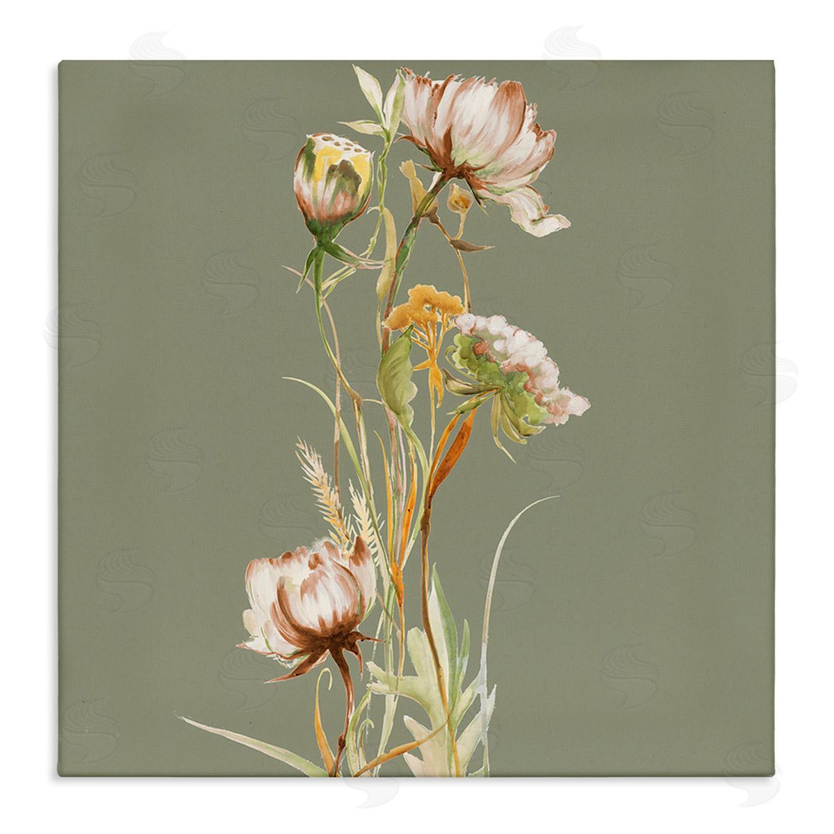 Liz Jardine Cottage Blooms on Green Canvas Wall Art Print