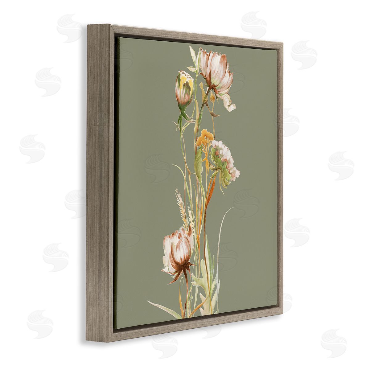 Liz Jardine Cottage Blooms on Green Brown Floating Frame Canvas Wall Art Print