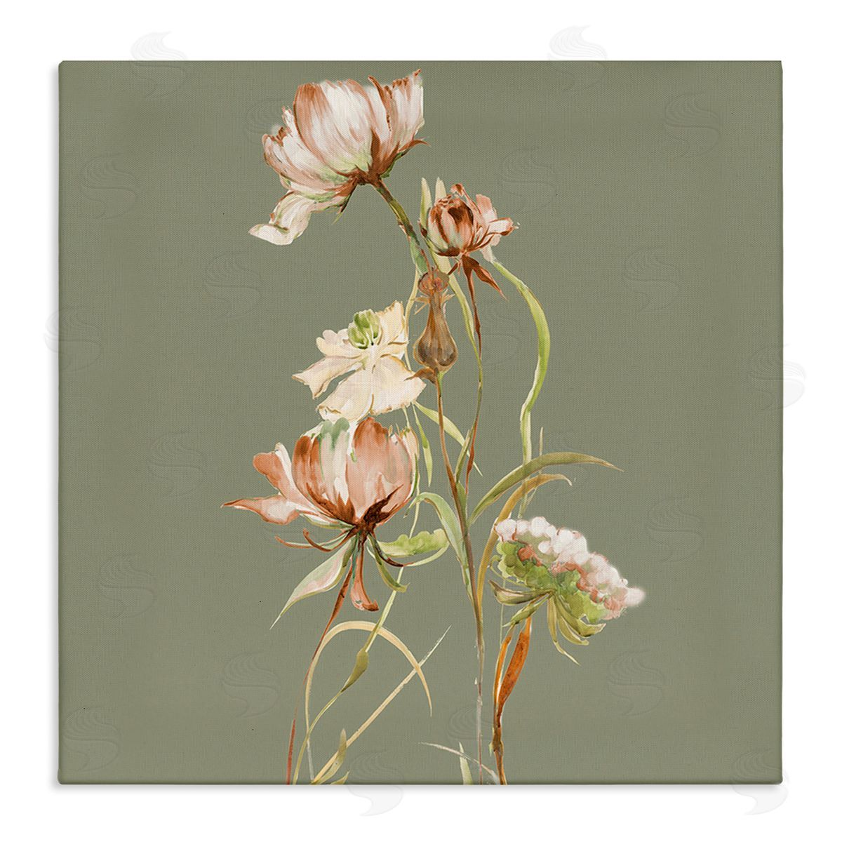 Liz Jardine Delicate Blooms on Green Canvas Wall Art Print