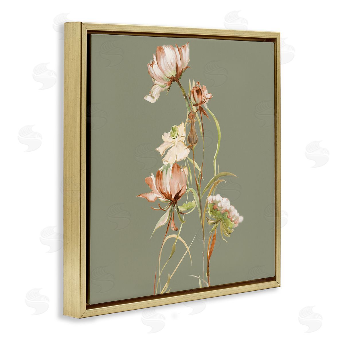 Liz Jardine Delicate Blooms on Green Gold Floating Frame Canvas Wall Art Print