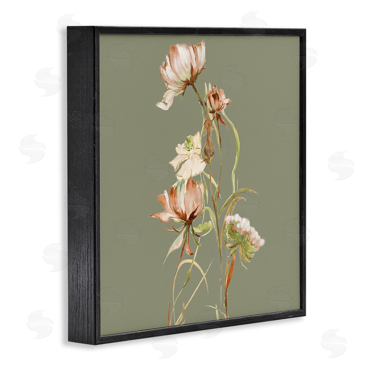 Liz Jardine Delicate Blooms on Green Black Framed Giclee Wall Art Print