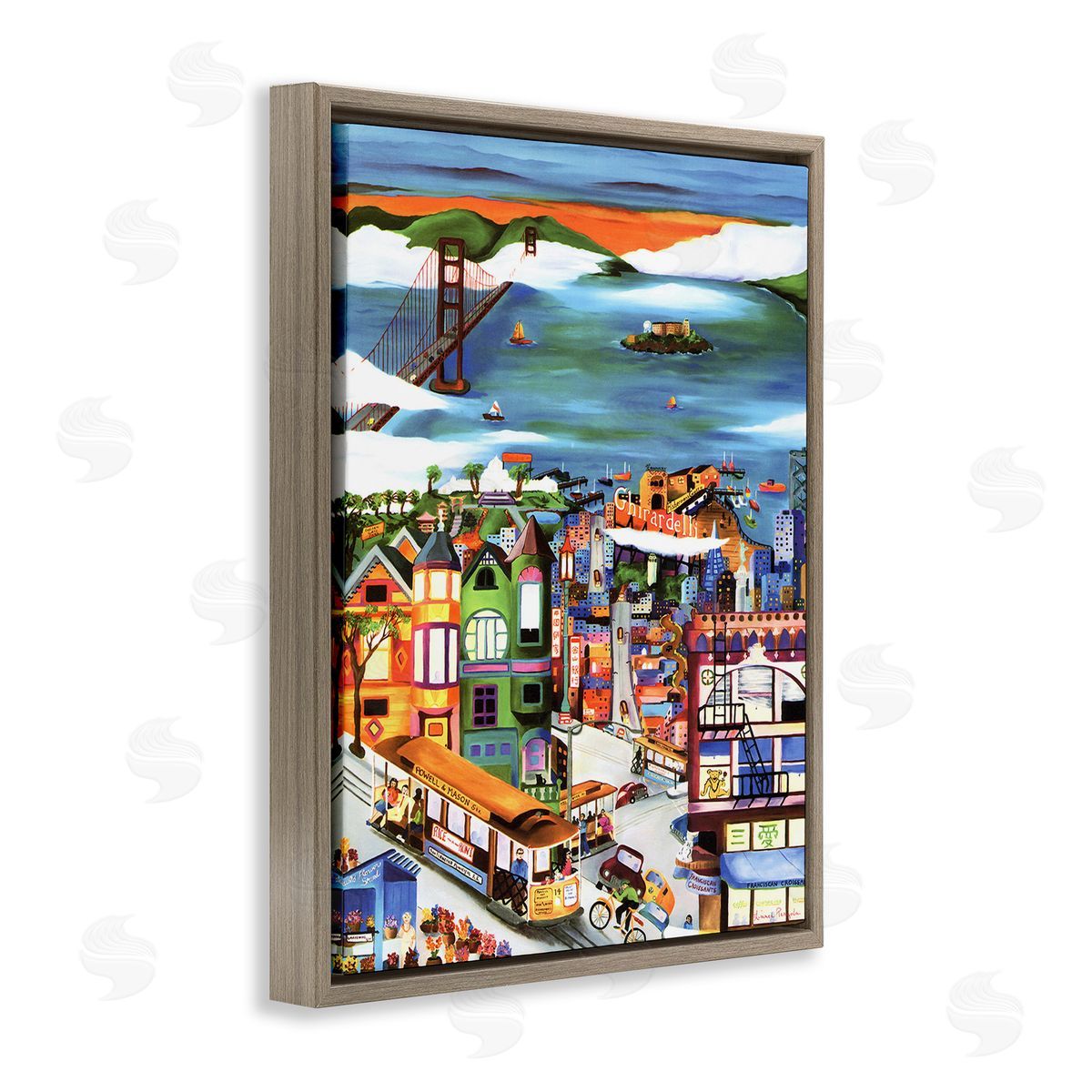 Linnea Pergola Bustling Seaside Town Brown Floating Frame Canvas Wall Art Print