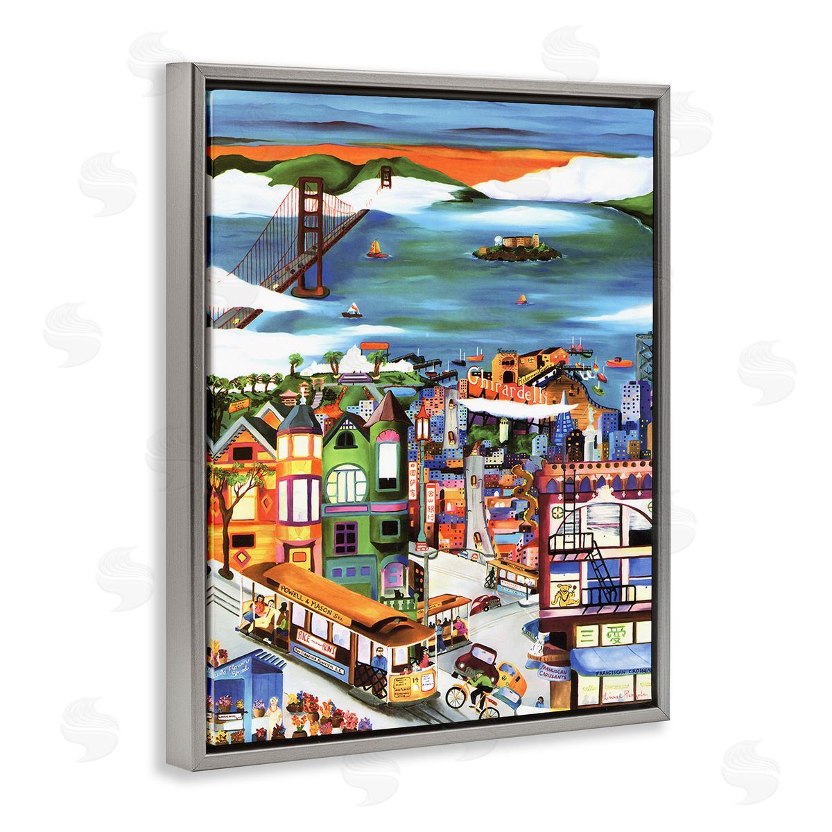 Linnea Pergola Bustling Seaside Town Gray Floating Frame Canvas Wall Art Print