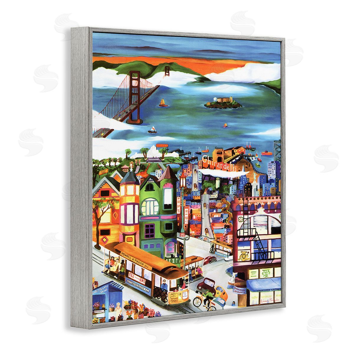 Linnea Pergola Bustling Seaside Town Gray Framed Giclee Wall Art Print