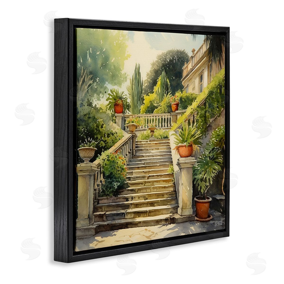 RB Luxurious Villa Stairway Black Floating Frame Canvas Wall Art Print