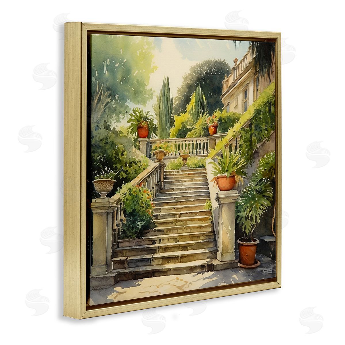 RB Luxurious Villa Stairway Gold Floating Frame Canvas Wall Art Print
