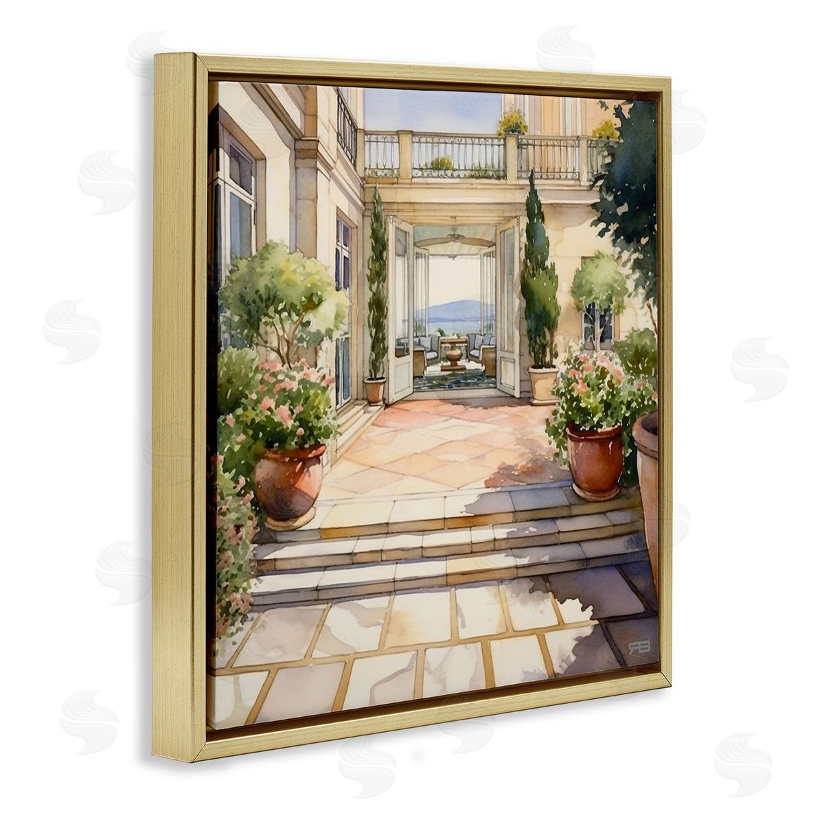 RB European Villa Architecture Gold Floating Frame Canvas Wall Art Print
