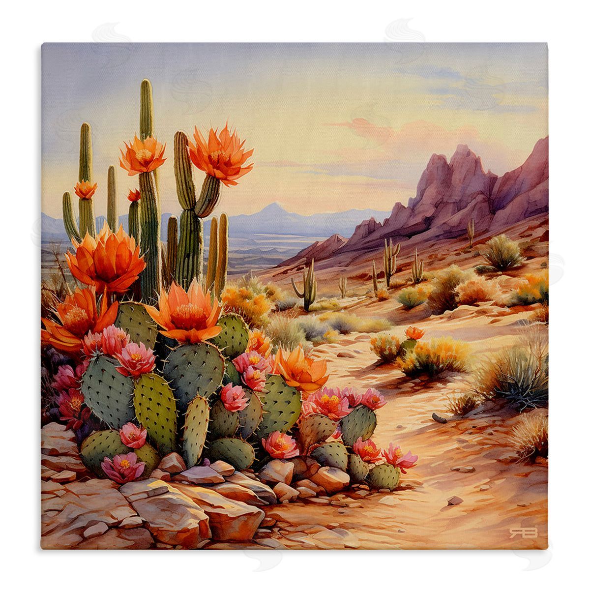 RB Cactus Flower Landscape Canvas Wall Art Print