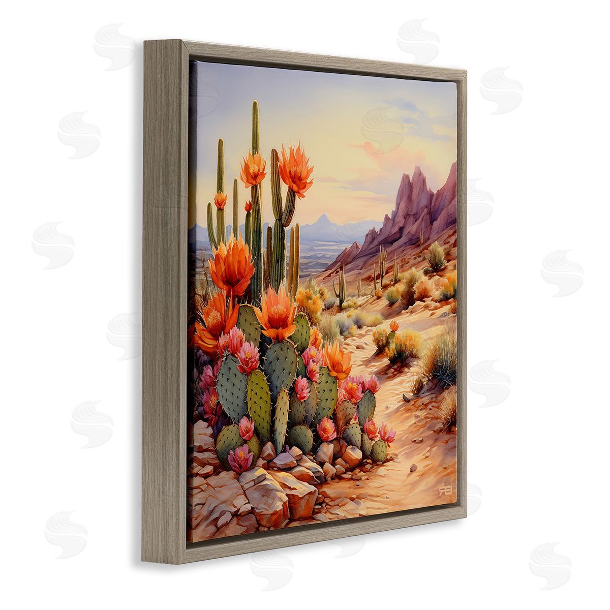RB Cactus Flower Landscape Brown Floating Frame Canvas Wall Art Print