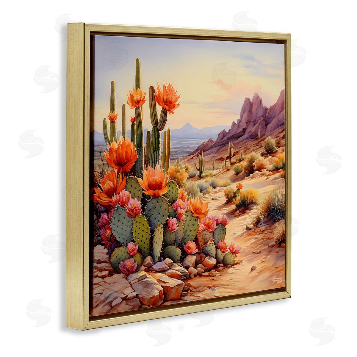 RB Cactus Flower Landscape Gold Floating Frame Canvas Wall Art Print