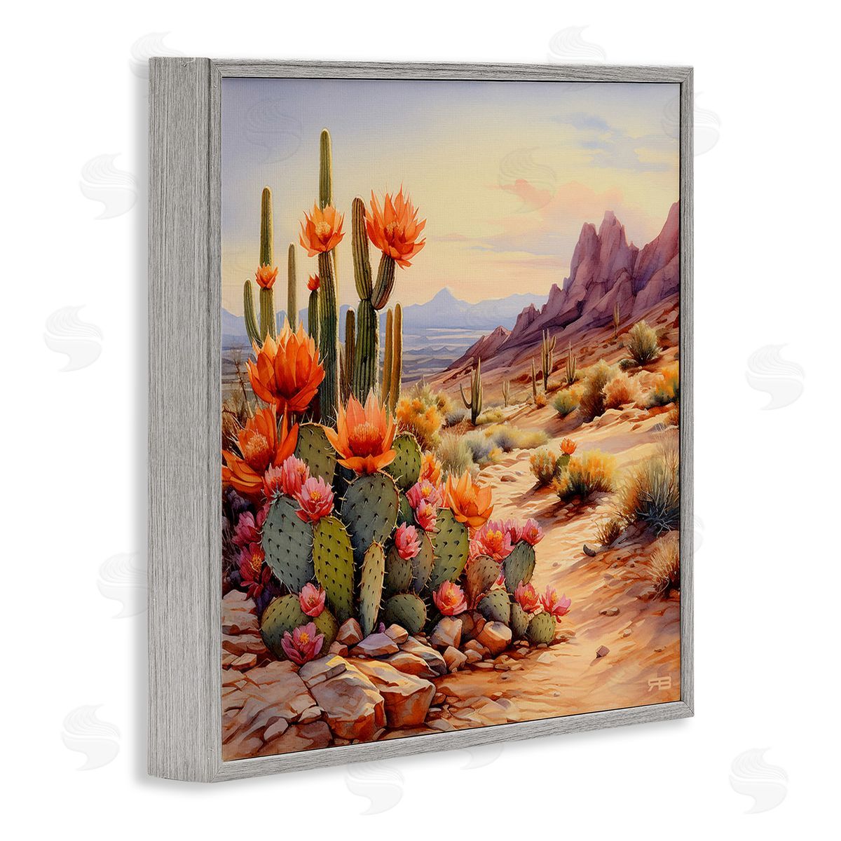 RB Cactus Flower Landscape Gray Framed Giclee Wall Art Print