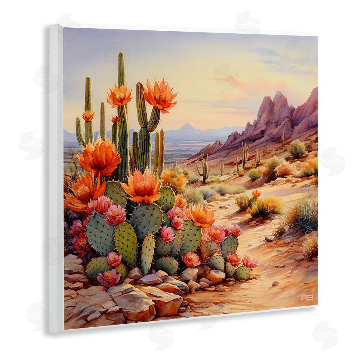 RB Cactus Flower Landscape Wooden Wall Plaque Art Print
