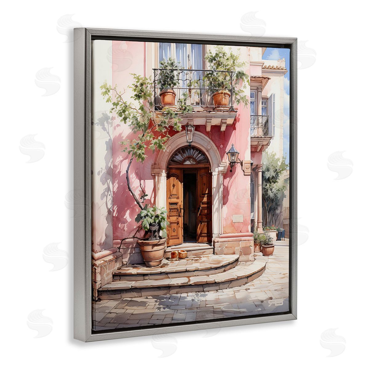 RB European Building Doorway Gray Floating Frame Canvas Wall Art Print