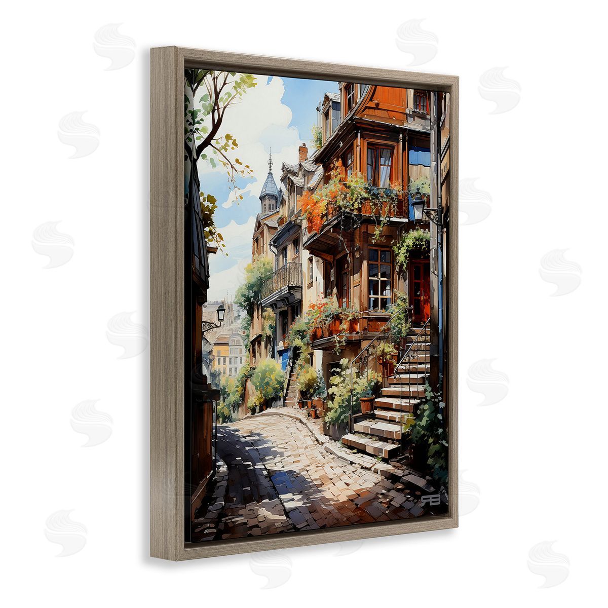 RB Cobblestone Walkway in Town Brown Floating Frame Canvas Wall Art Print