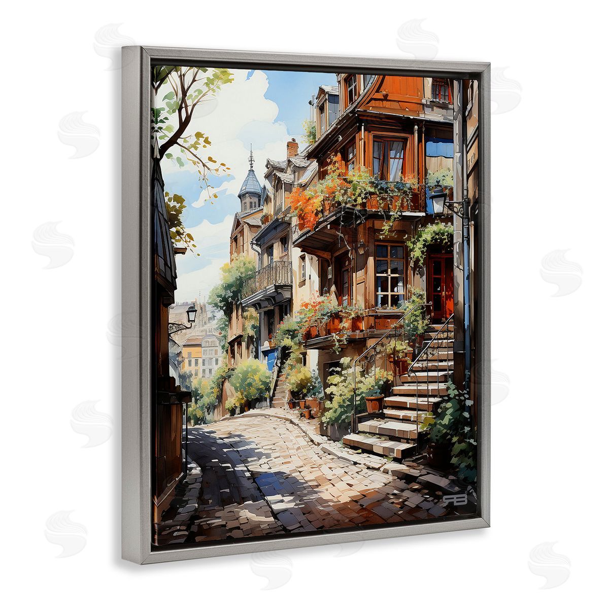 RB Cobblestone Walkway in Town Gray Floating Frame Canvas Wall Art Print