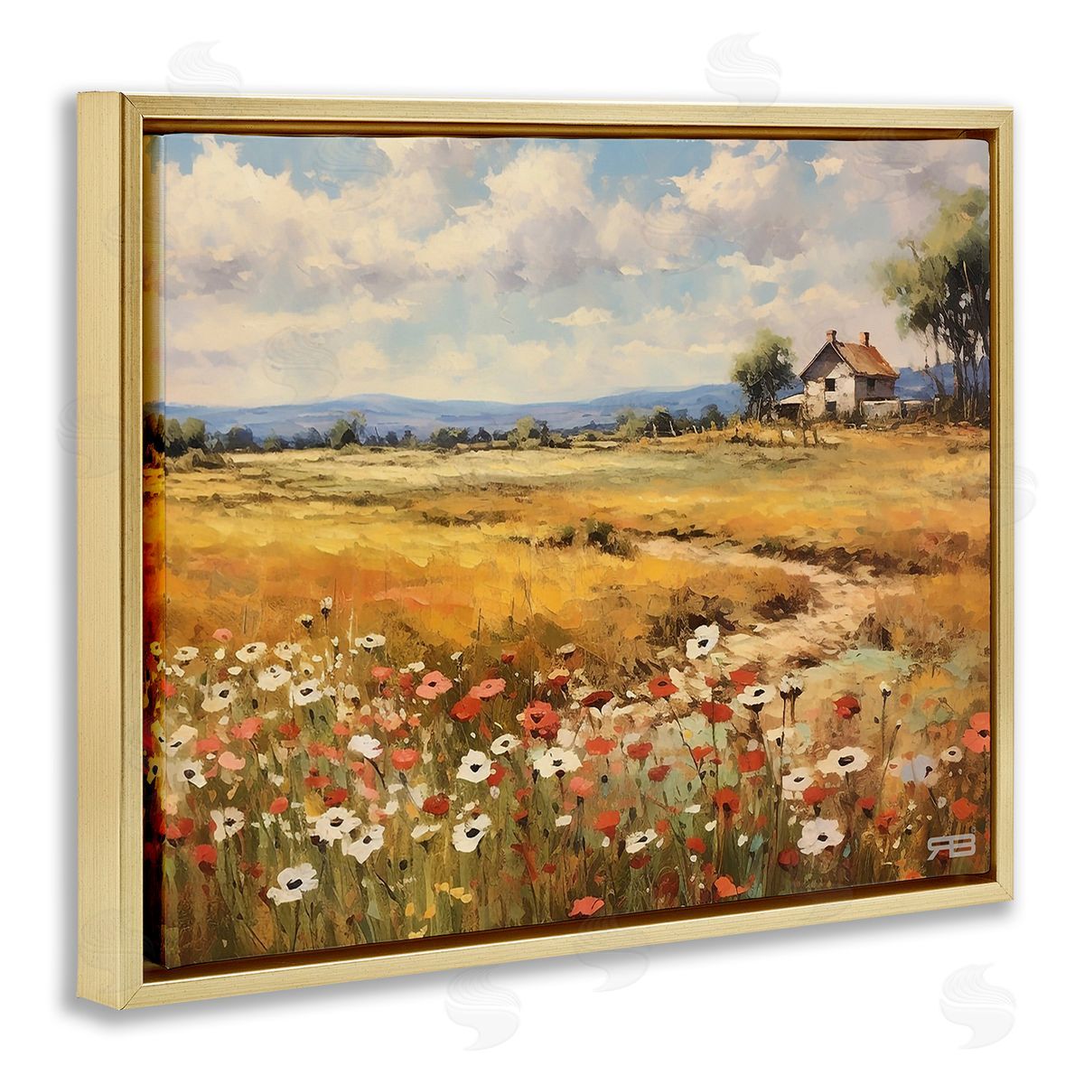 RB Countryside Poppy Meadow Gold Floating Frame Canvas Wall Art Print