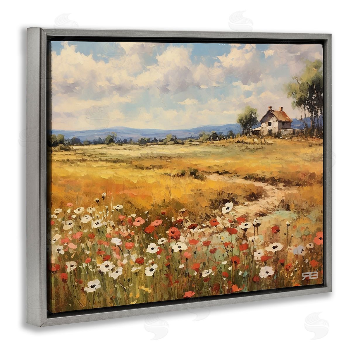 RB Countryside Poppy Meadow Gray Floating Frame Canvas Wall Art Print