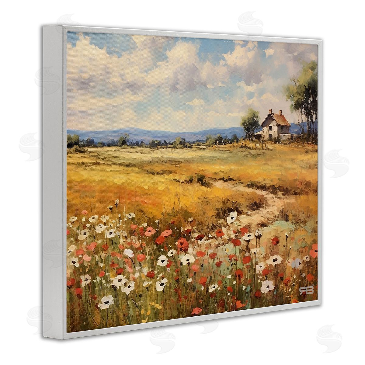 RB Countryside Poppy Meadow White Framed Giclee Wall Art Print